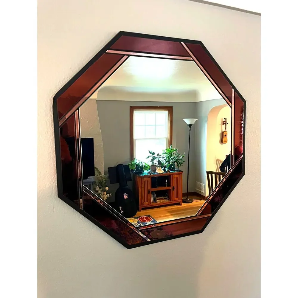 Signed Marcia Moore Stained Glass Mirror Octagonal Burgundy Art Deco Revival